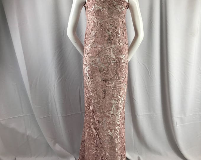 Blush pink flower guipure embroider lace. Prom/wedding/bridal/nightgown/tablecloths fabric-apparel-dresses-fashion-sold by the yard.