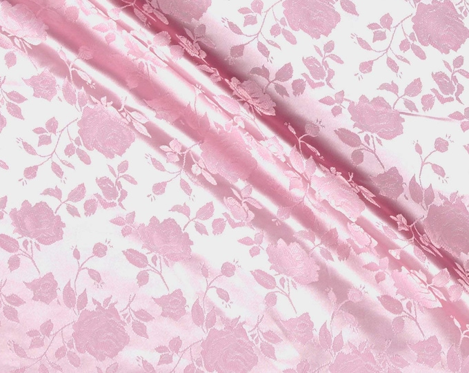 Pink 60" Wide Polyester Flower Brocade Jacquard Satin Fabric, Sold By The Yard.