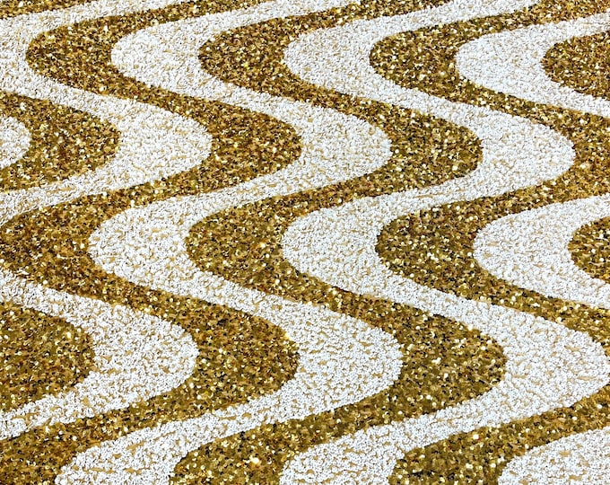 Gold/White sequin Wave Design On Gold stretch velvet all over 5mm shining sequins 2-way stretch, sold by the yard.