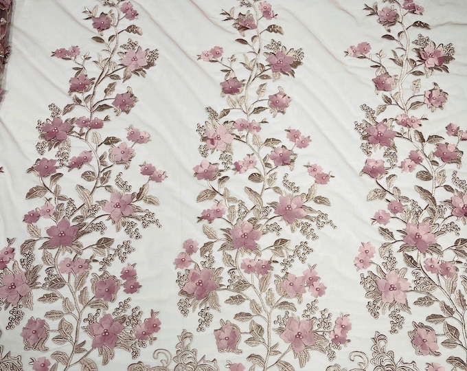 Dusty Pink Emily 3d floral design embroider with pearls in a mesh lace-sold by the yard.