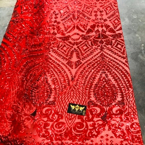 New red shiny diamond design with sequins on a 4 way stretch mesh-prom-nightgown-sold by the yard-free shipping in the USA-
