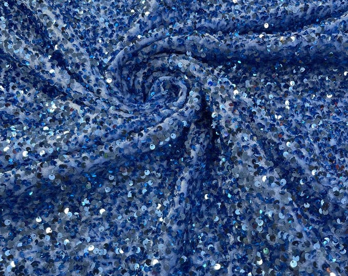 Light Blue stretch velvet with luxury sequins all over 5mm shining sequins 2-way stretch, sold by the yard.