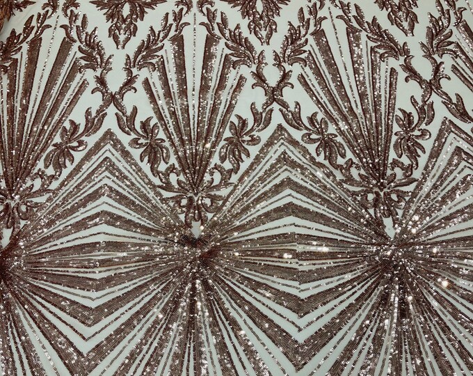 Rose gold diamond damask design on a 4 way stretch mesh-prom-sold by the yard.