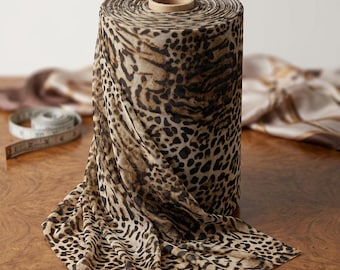 Leopard Print Power Mesh Fabric Sheer 4 Way Stretch Brown Tan by the Yard 58 60 Inch Dress Sewing Material