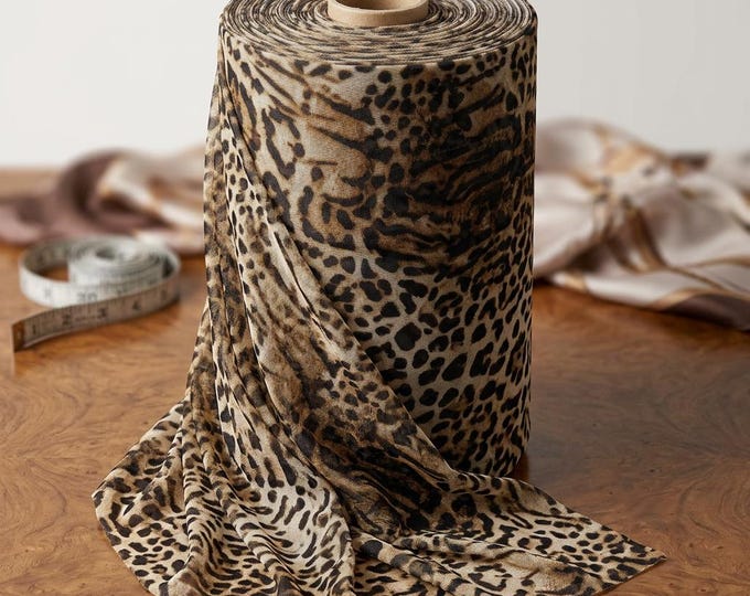 Leopard Print Power Mesh Fabric Sheer 4 Way Stretch Brown Tan by the Yard 58 60 Inch Dress Sewing Material