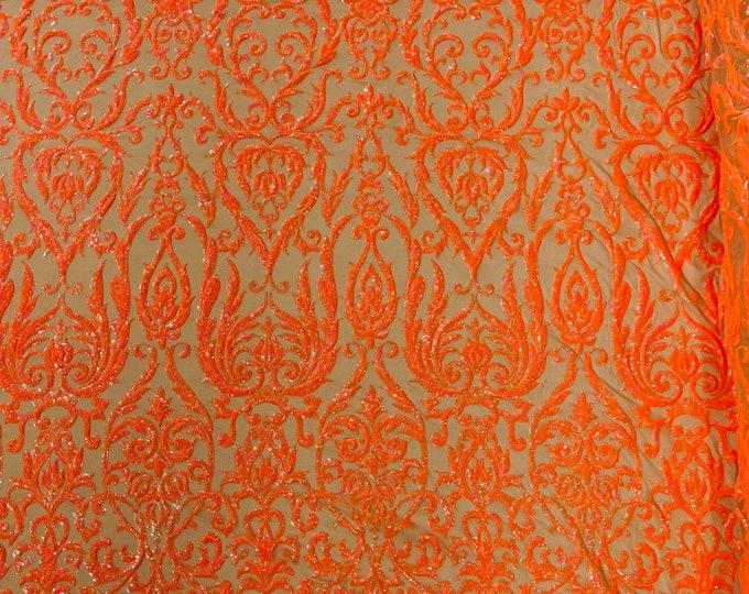 Orange Holographic King Damask sequin design on a Nude 4 way stretch mesh fabric-prom-sold by the yard.