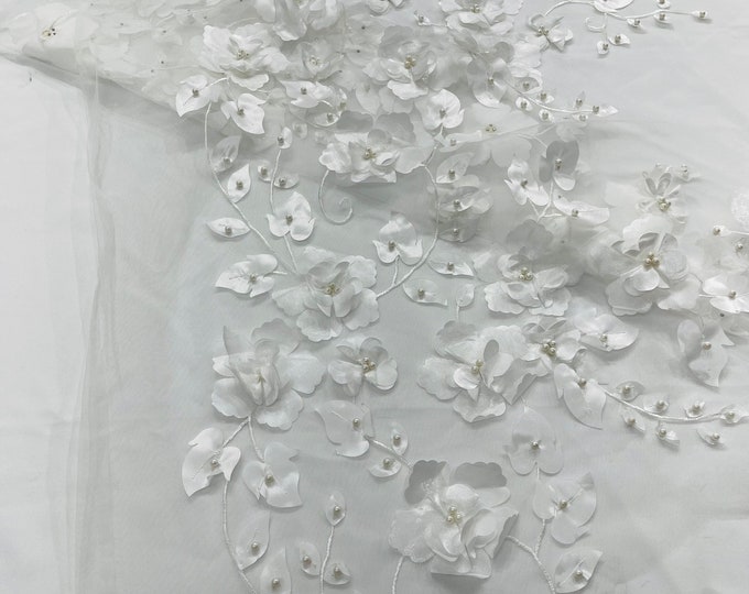 Ivory Orquidia 3d floral design embroider with pearls in a mesh lace fabric-dresses-fashion-decorations-prom-sold by the yard.