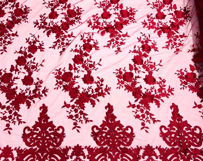Burgundy flowers flat lace embroider on a 2 way stretch mesh sold by the yard.