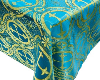 Turquoise/Gold - Square Metallic Cross Brocade Jacquard Satin Table Overlay/Religious Brocade/Liturgical Fabric/Church.