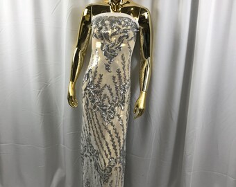 White 4 way Stretch power mesh lace embroidered with shiny silver sequins-dresses-fashion-apparel-prom-nightgown-decorations-sold by yard.