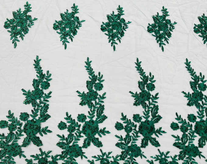 Hunter Green floral design embroider and beaded on a mesh lace fabric-Wedding/Bridal/Prom/Nightgown fabric.