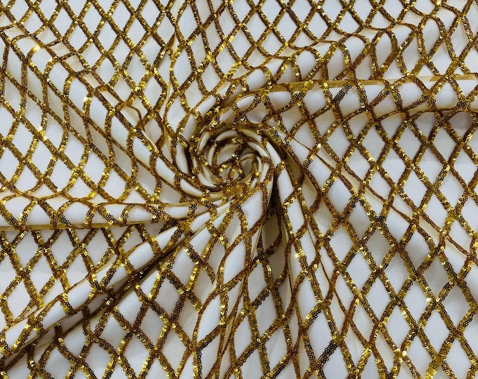 Luxury Diamond Design Mini Glitz Sequins On A Mesh Fabric/Prom/Wedding/Party Supply. Dark Gold