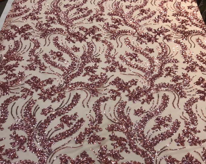 Dusty rose Sequins vine design embroidery on a 4 way stretch mesh-dresses-fashion-apparel-prom-nightgown-decorations-sold by the yard.
