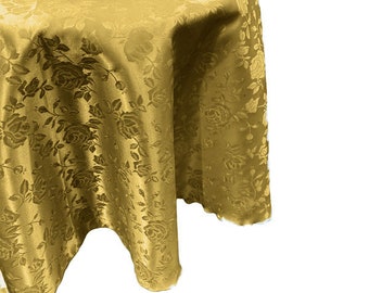 Dark Gold Round Tablecloth Roses Jacquard Satin Overlay for Small Coffee Table Seamless.