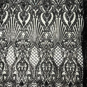 Black Sequin Fabric with Shell Damask Design on 4-Way Stretch Mesh
