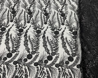 Black - Feather and Vine Beaded Lace Fabric, by The Yard.