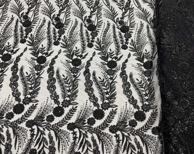 Black - Feather and Vine Beaded Lace Fabric, by The Yard.