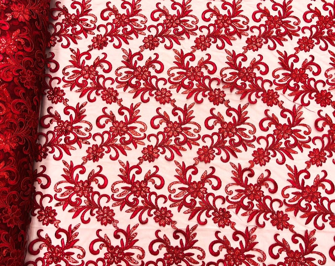 Burgundy corded flowers embroider with sequins on a mesh lace fabric-sold by the yard-
