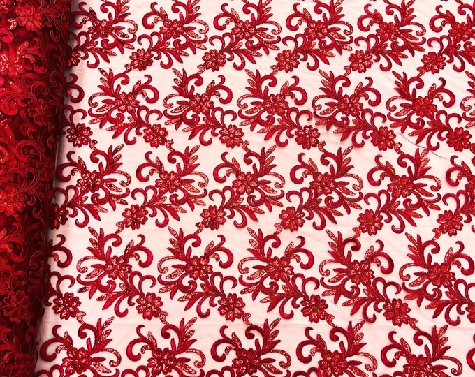 Burgundy corded flowers embroider with sequins on a mesh lace fabric-sold by the yard-