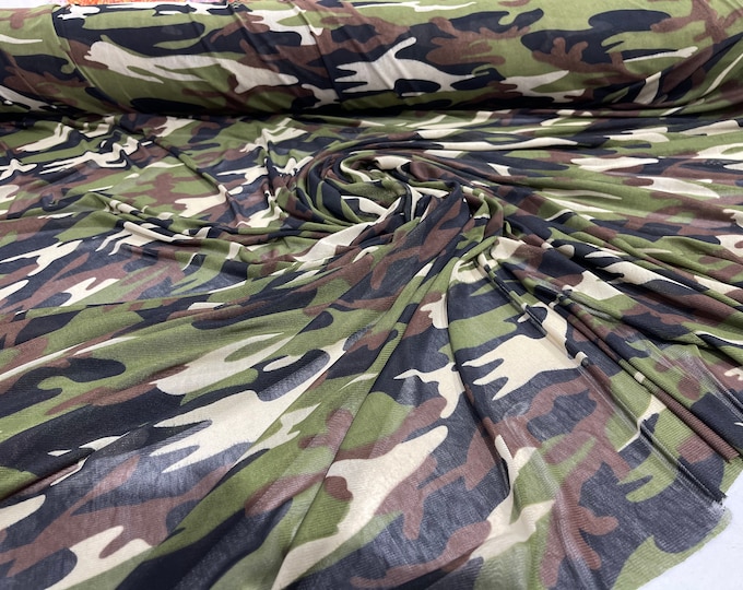 Green/ Tan/ Black Camouflage design on a Brown power mesh 4-way stretch 58"-Sold by the yard.