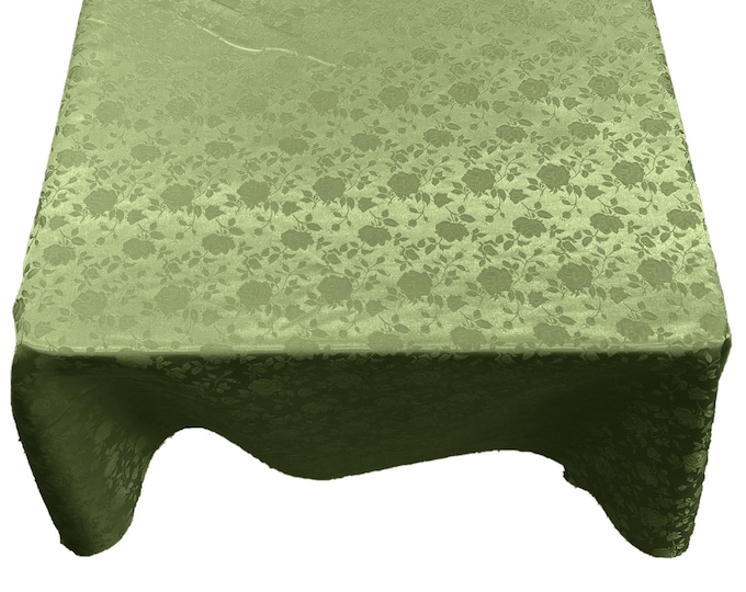 Sage Green Roses Jacquard Satin Rectangular Tablecloth Seamless/Party Supply.