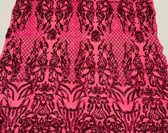 Fuchsia shiny sequin damask design on a 4 way stretch mesh-prom-nightgown-sold by the yard-free shipping in the usa.