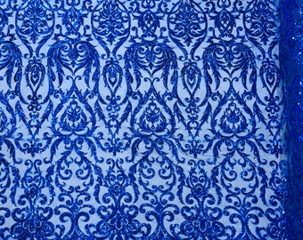 Royal Blue shiny King Damask sequin design on a 4 way stretch mesh fabric-prom-sold by the yard.