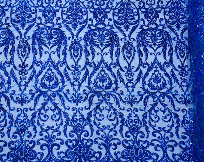 Royal Blue shiny King Damask sequin design on a 4 way stretch mesh fabric-prom-sold by the yard.