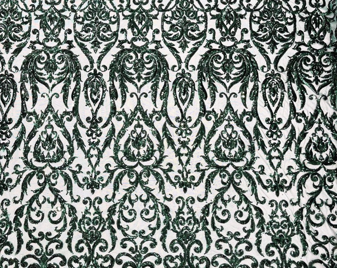 Hunter Green shiny King Damask sequin design on a 4 way stretch mesh fabric-prom-sold by the yard.