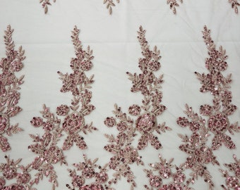 Dusty Rose floral design embroider and beaded on a mesh lace fabric-Wedding/Bridal/Prom/Nightgown fabric.