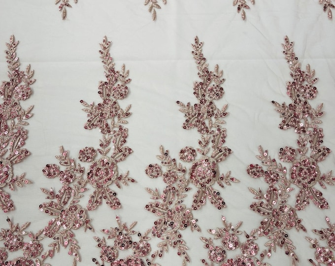 Dusty Rose floral design embroider and beaded on a mesh lace fabric-Wedding/Bridal/Prom/Nightgown fabric.