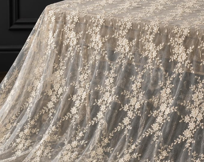 Ivory Floral Embroidered Mesh Lace Fabric By The Yard, Beaded Sequin Wedding Lace For Bridal Gowns, Prom Dresses & Elegant Décor