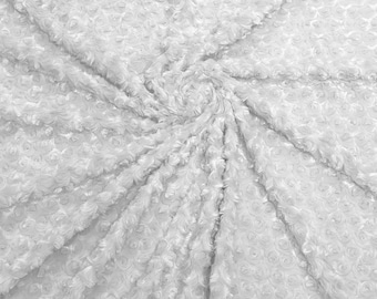 White 58" Wide Minky Swirl Rose Blossom Ball Rosebud Plush Fur Fabric Polyester