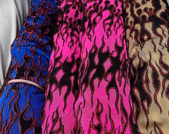 Power Mesh with Black Flocking Flames and Red Glitter Fabric-58” Wide-Hot Rod-By The Yard.