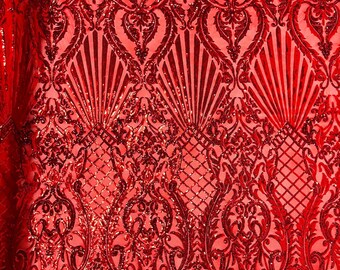Red Sequin Fabric with Shell Damask Design, 4-Way Stretch Mesh by the Yard