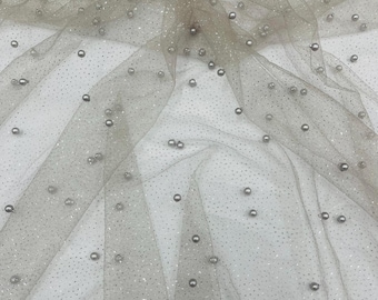 Gray Pearl Glitter Studded Mesh, 2-Way Stretch Shimmer Mesh Fabric, Sold by the yard.