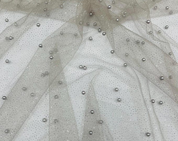 Gray Pearl Glitter Studded Mesh, 2-Way Stretch Shimmer Mesh Fabric, Sold by the yard.
