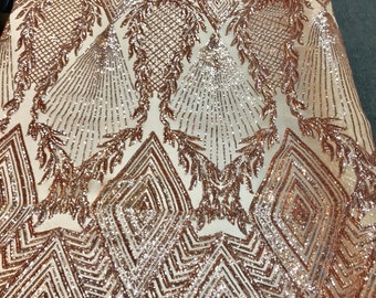 Rose gold geometric diamond design with shiny sequins on a 4 way stretch mesh-dresses-prom-nightgown-sold by the yard-free shipping in USA-