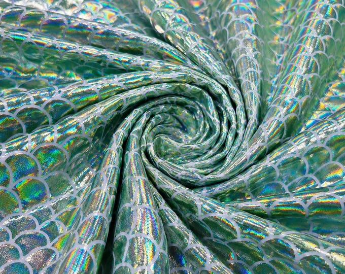 Mint Green Iridescent Mermaid Fish Scale Spandex Fabric By The Yard, Holographic Stretch Lycra Fabric For Swimwear Costumes Dancewear