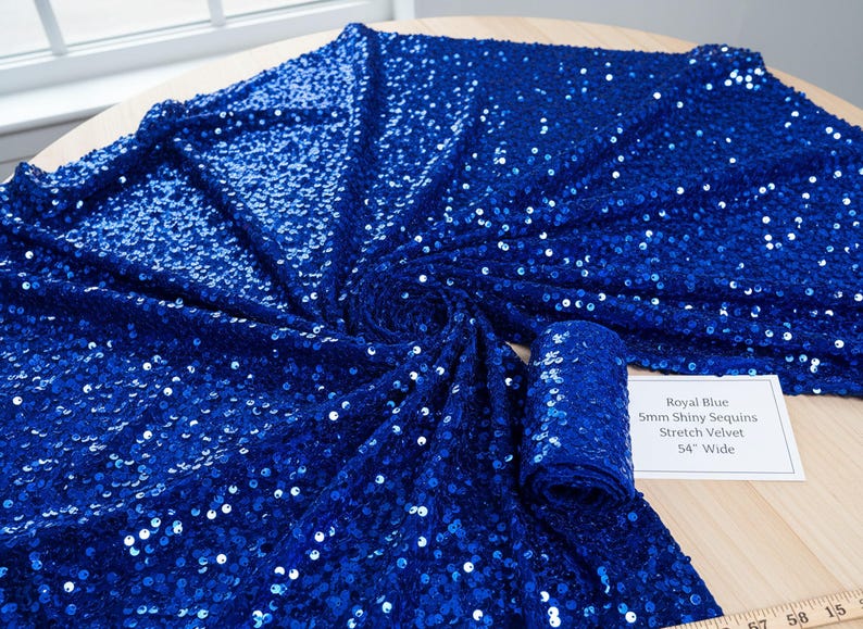 Royal Blue Stretch Velvet with Shiny 5mm Sequins, 54" Wide Fabric Sold by the Yard