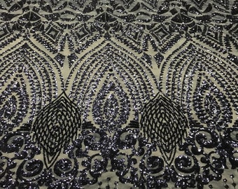 Navy blue geometric diamond design embroidery with sequins on a 4 way stretch mesh-dresses-prom-nightgown-sold by the yard.