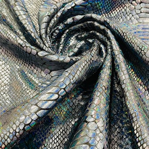 Black iridescent Illusion foil Snake design on a stretch velvet fabric-Sold by the yard.