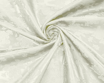 Ivory Big Rose Brocade Jacquard Satin Fabric, 60" Wide, Sold by the yard