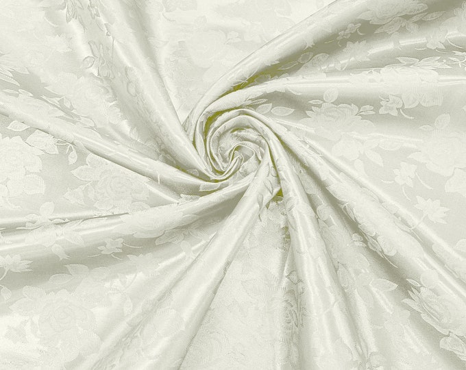 Ivory 60" Wide Polyester Big Roses/Flowers Brocade Jacquard Satin Fabric/Cosplay Costumes, Skirts, Table Linen/Sold By The Yard.