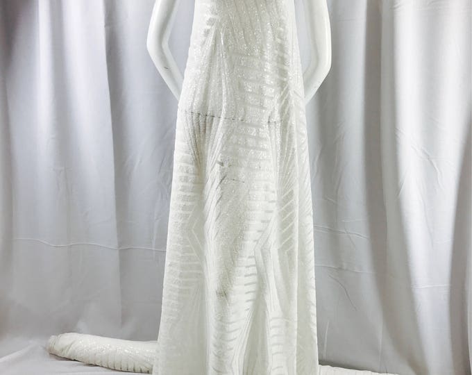 Off White geometric design embroidory with sequins on a white mesh-dresses-fashion-apparel-nightgown-decorations-sold by the yard.