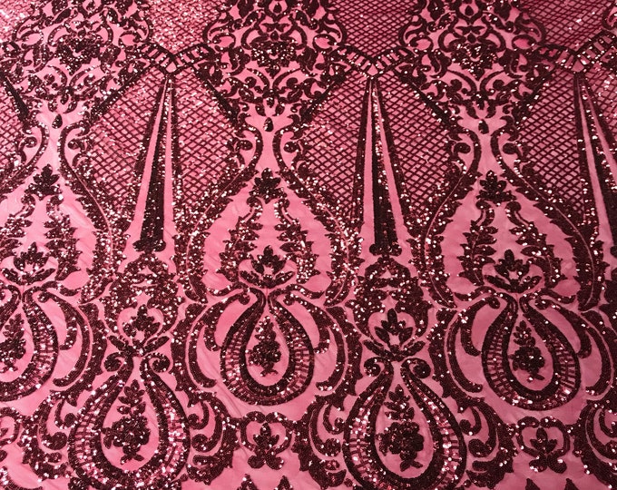 Burgundy princess design embroider with shiny sequins on a 4 way stretch power mesh-dresses-fashion-prom-nightgown-sold by the yard.