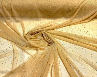 Gold Glitter Mesh Fabric Beige Gold Power Mesh Fabric Sheer Stretch Fabric Bridal Fabric Wedding Dress Fabric Luxury Fabric by Yard