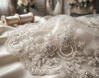 Elegant Ivory Beaded Mesh Lace Fabric by the Yard, Bridal Wedding Lace, Embroidered Floral Lace for Prom Dress, Evening Gown, Couture Fabric