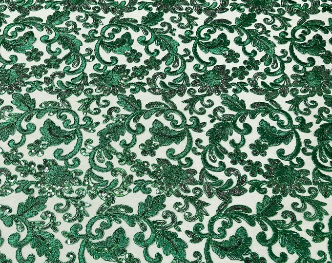 Hunter green metallic corded embroider flowers with sequins on a mesh lace fabric-prom-sold by the yard.