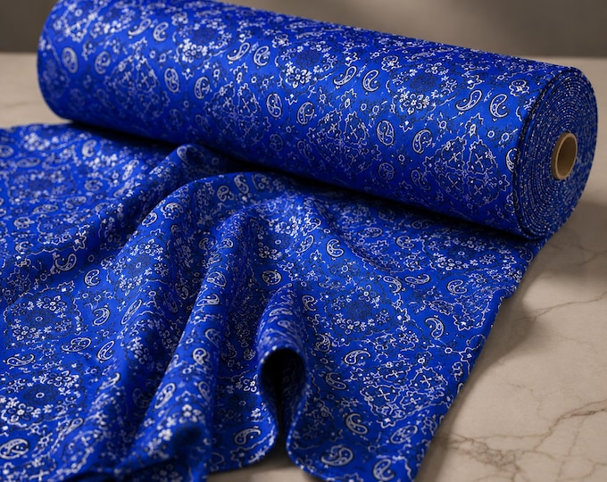 Royal Blue Metallic Bandana Print Stretch Tricot Spandex Fabric By The Yard, 4 Way Nylon Lycra Swimwear Fabric